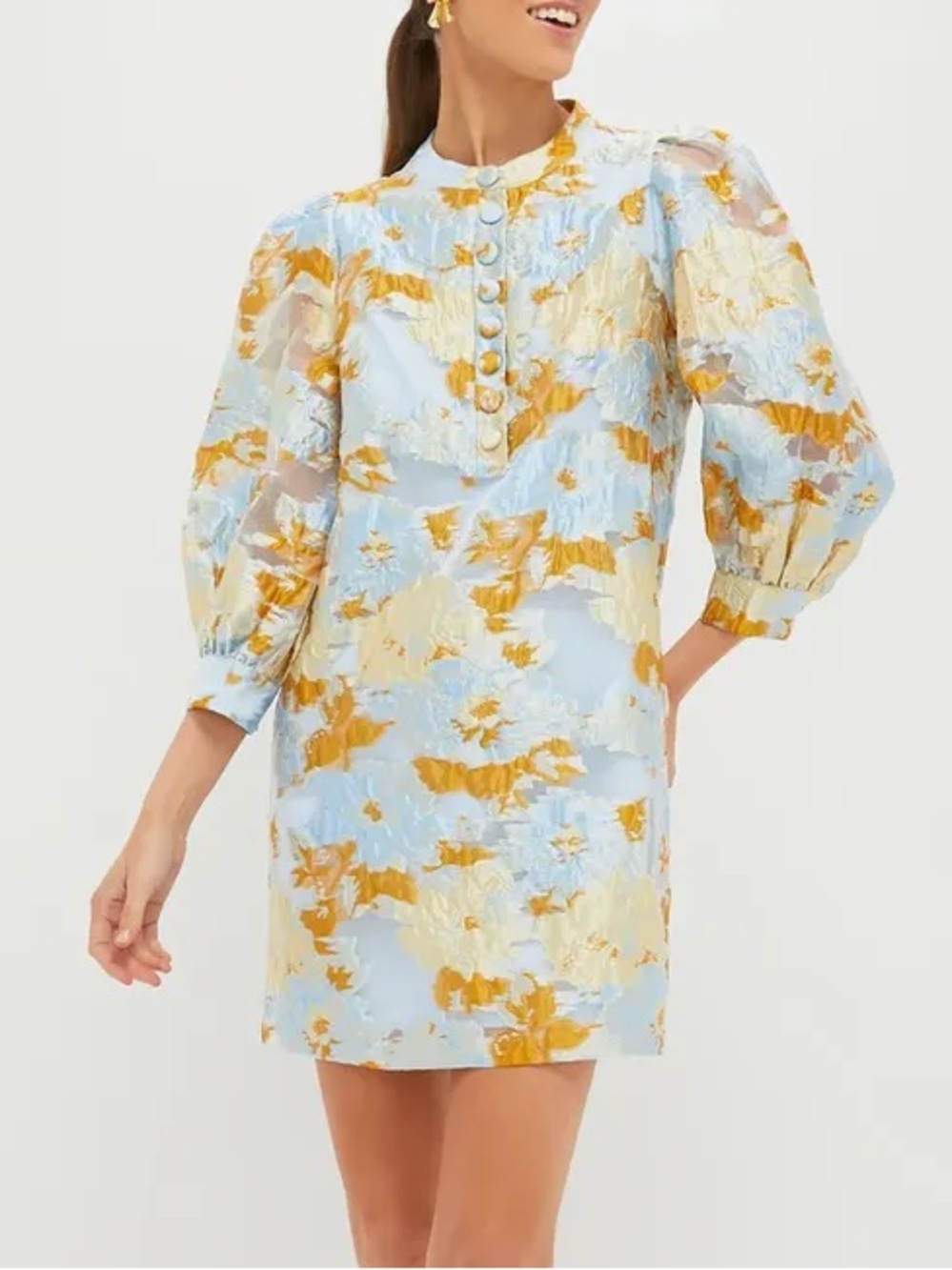 Pomander Place Powder Blue and Gold Floral Puff-Sleeve Mini Dress